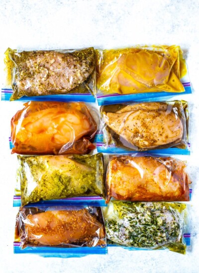8 different Chicken breasts in a variety of Marinades, pictured in ziploc bags.