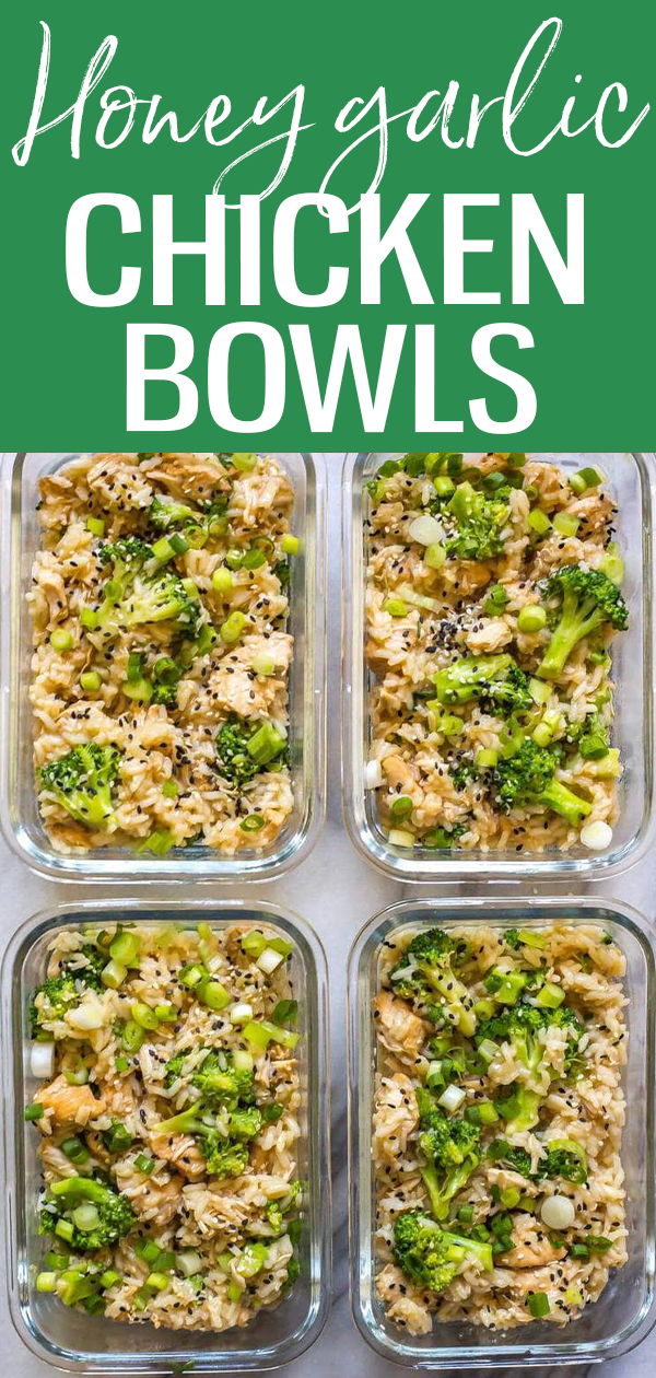 These Instant Pot Honey Garlic Chicken Meal Prep Bowls are a delicious make ahead lunch idea that comes together in one pot. #chickenbowls #mealprep #honeygarlic