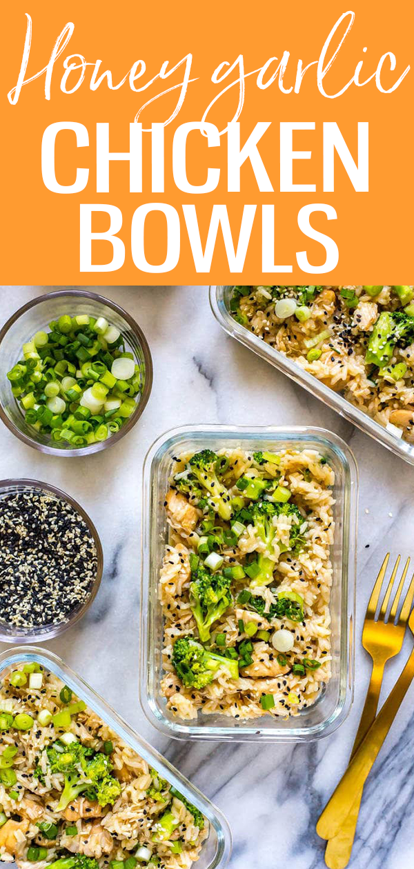 These Instant Pot Honey Garlic Chicken Meal Prep Bowls are a delicious make ahead lunch idea that comes together in one pot. #chickenbowls #mealprep #honeygarlic