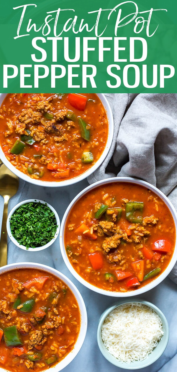 This Instant Pot Stuffed Pepper Soup is easier than making stuffed peppers themselves! It comes together with marinara sauce, ground chicken, rice and bell peppers for a super hearty and filling meal.