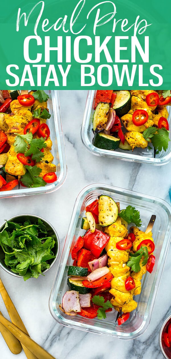These Grilled Chicken Satay Meal Prep Bowls are are a delicious way to enjoy BBQ season – just 10 minutes on the grill and the chicken and vegetable skewers are done and you've got lunches prepped for the week!