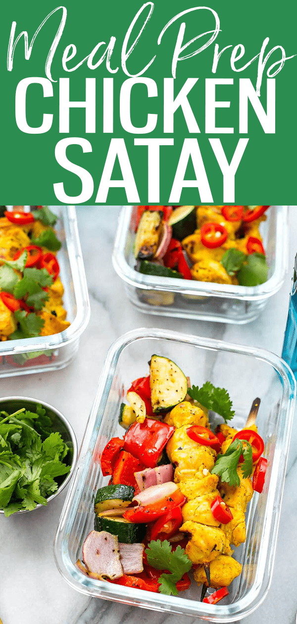 These Grilled Chicken Satay Meal Prep Bowls are a delicious way to enjoy BBQ season – just 10 minutes on the grill and the chicken and vegetable skewers are done and you've got lunches prepped for the week! #ChickenSatay #MealPrep