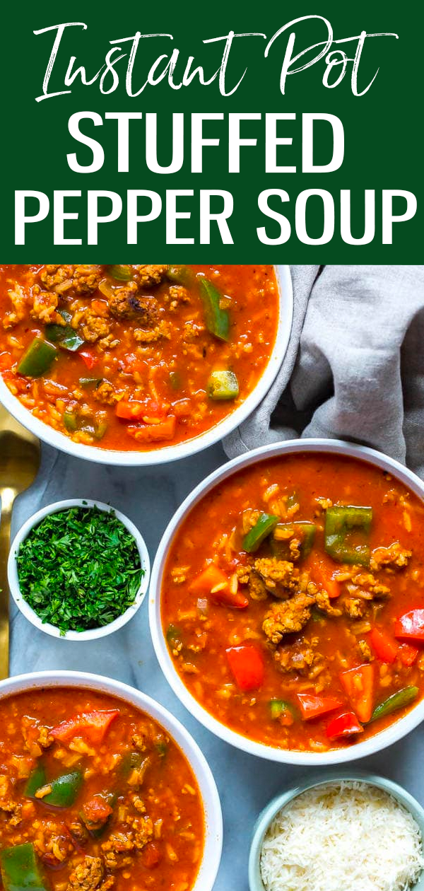 This Instant Pot Stuffed Pepper Soup is easier than making stuffed peppers themselves, with marinara sauce, ground chicken, rice and peppers. #instantpot #stuffedpeppersoup