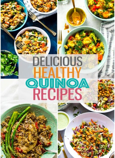 Four different quinoa recipes with the text "Delicious Healthy Quinoa Recipes" layered over top.