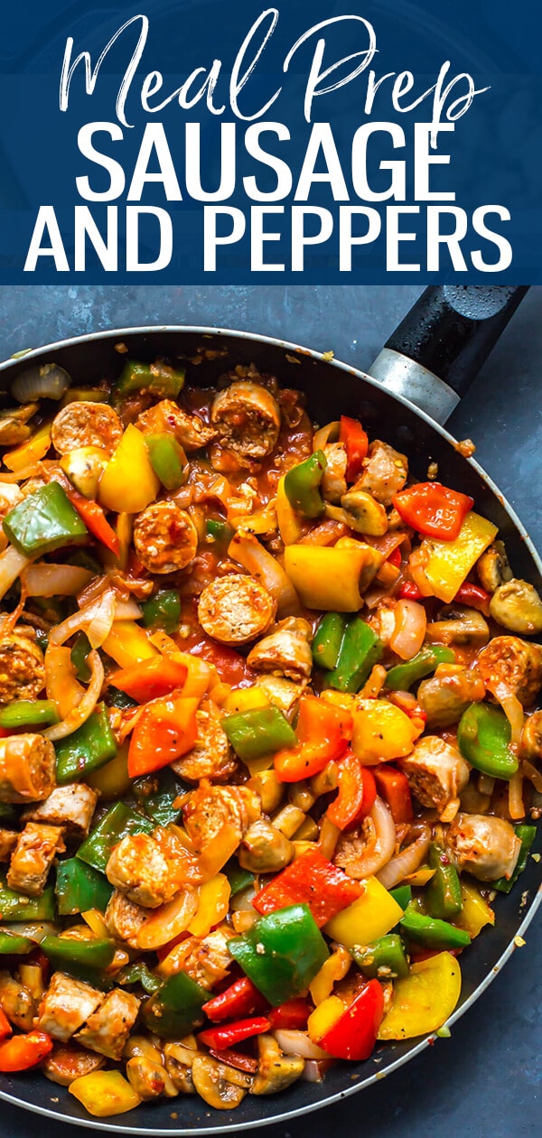 This Meal Prep Sausage Peppers and Onions Skillet with bell peppers, mushrooms and onions in a super simple spicy tomato sauce is a delicious one pan recipe perfect for busy weeknights!