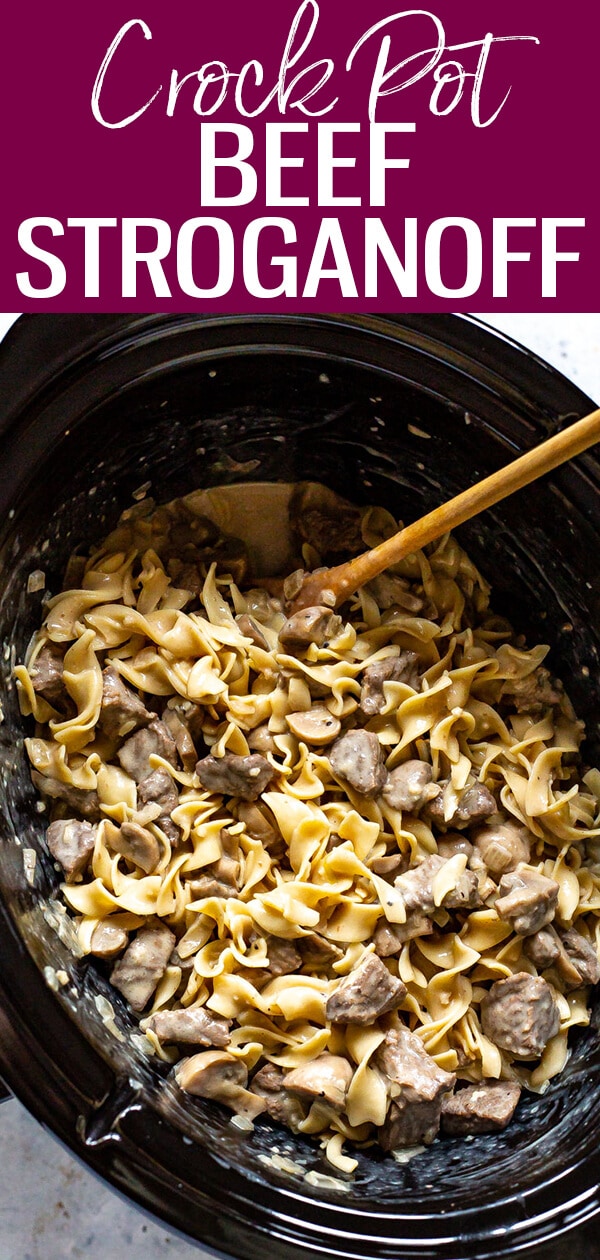 This Crock Pot Beef Stroganoff is a delicious, hearty comfort food idea for chilly nights - made in the slow cooker with sour cream and stewing beef, it's a delicious crock pot version of the classic stroganoff recipe!