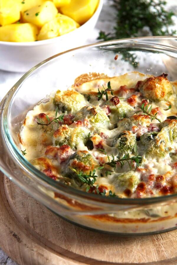 Brussels Sprouts Bake with Bacon and Cheese Sauce