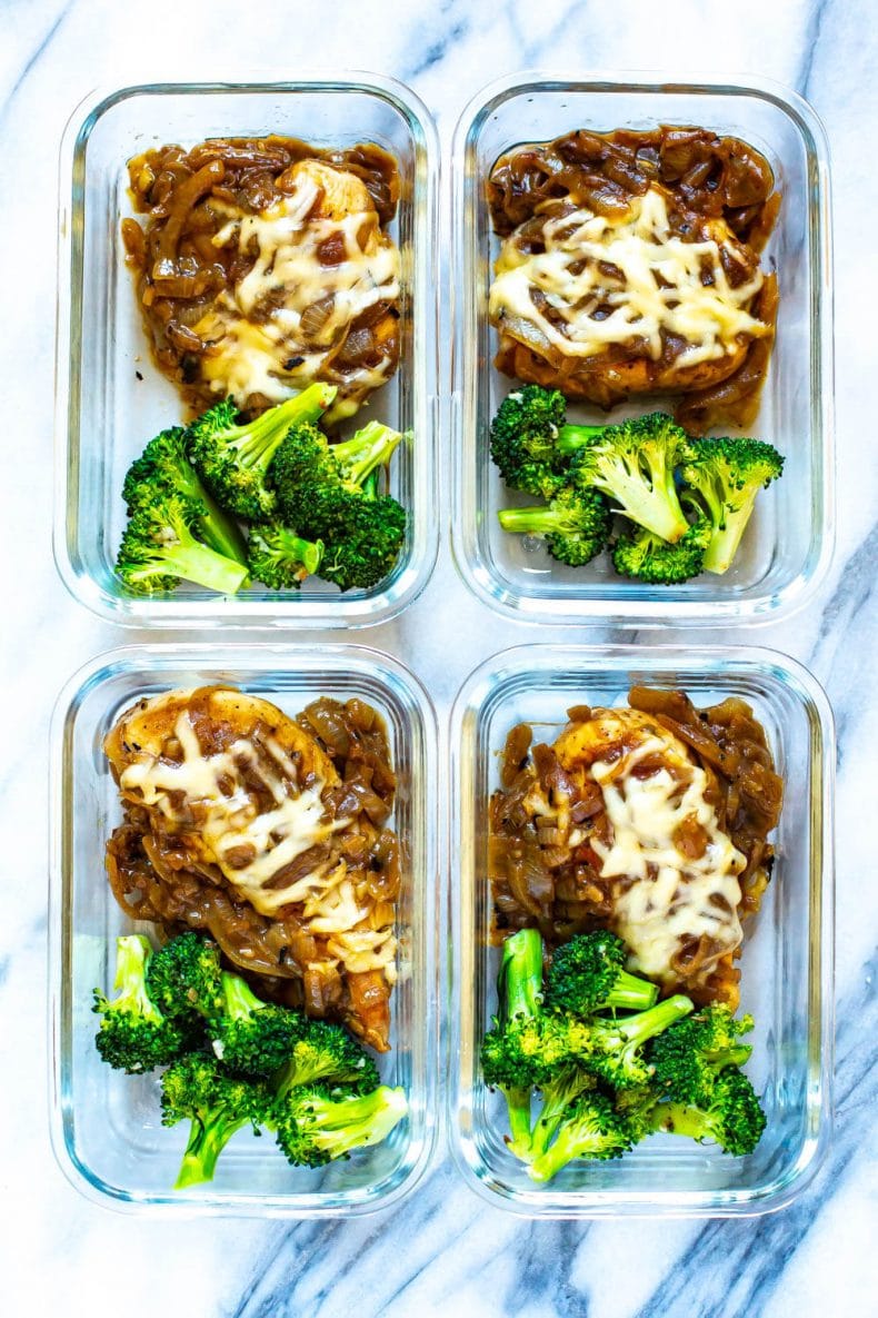 French Onion Chicken and broccoli in meal prep containers