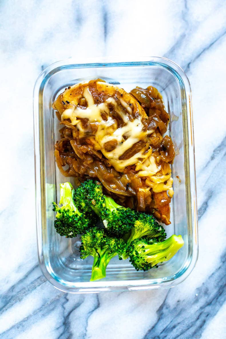 French Onion Chicken in a meal prep container