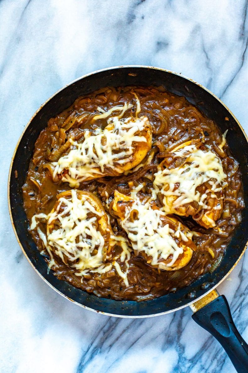 skillet of French Onion Chicken