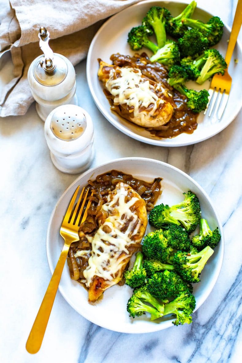 comforting meal of French Onion Chicken with side of broccoli florets