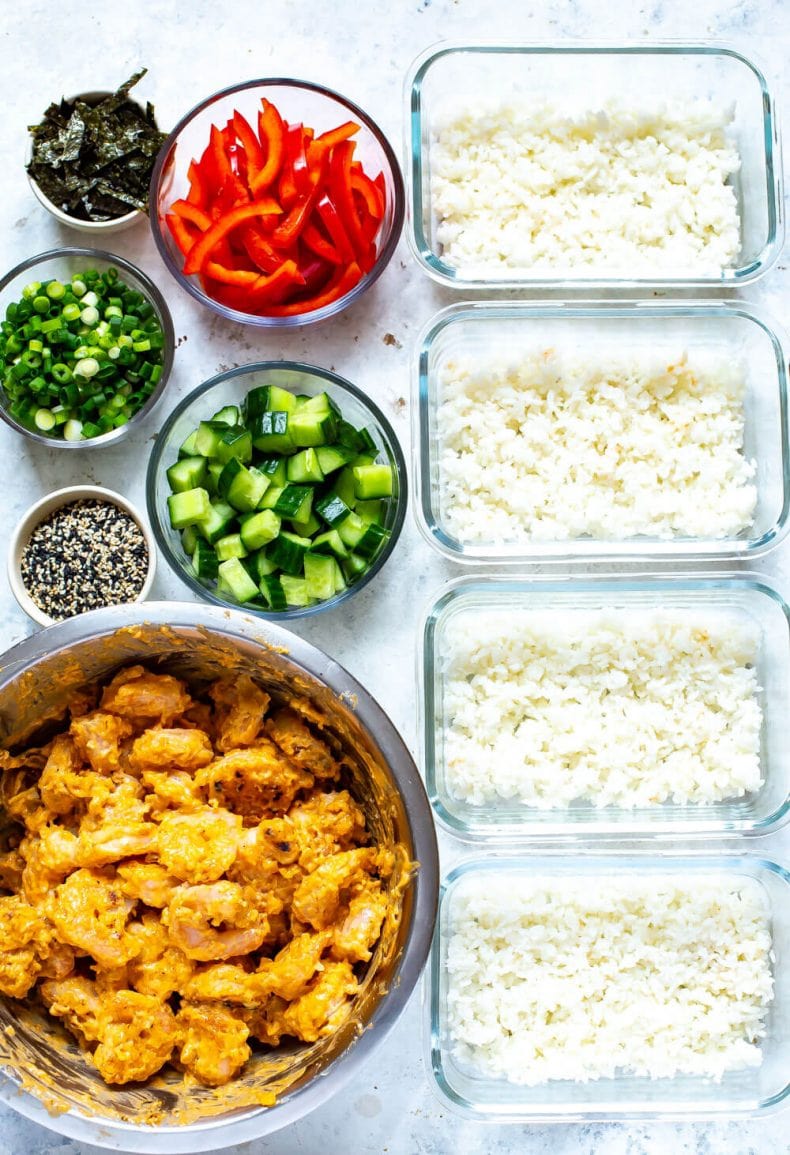 ingredients needed to make spicy Asian shrimp sushi bowls