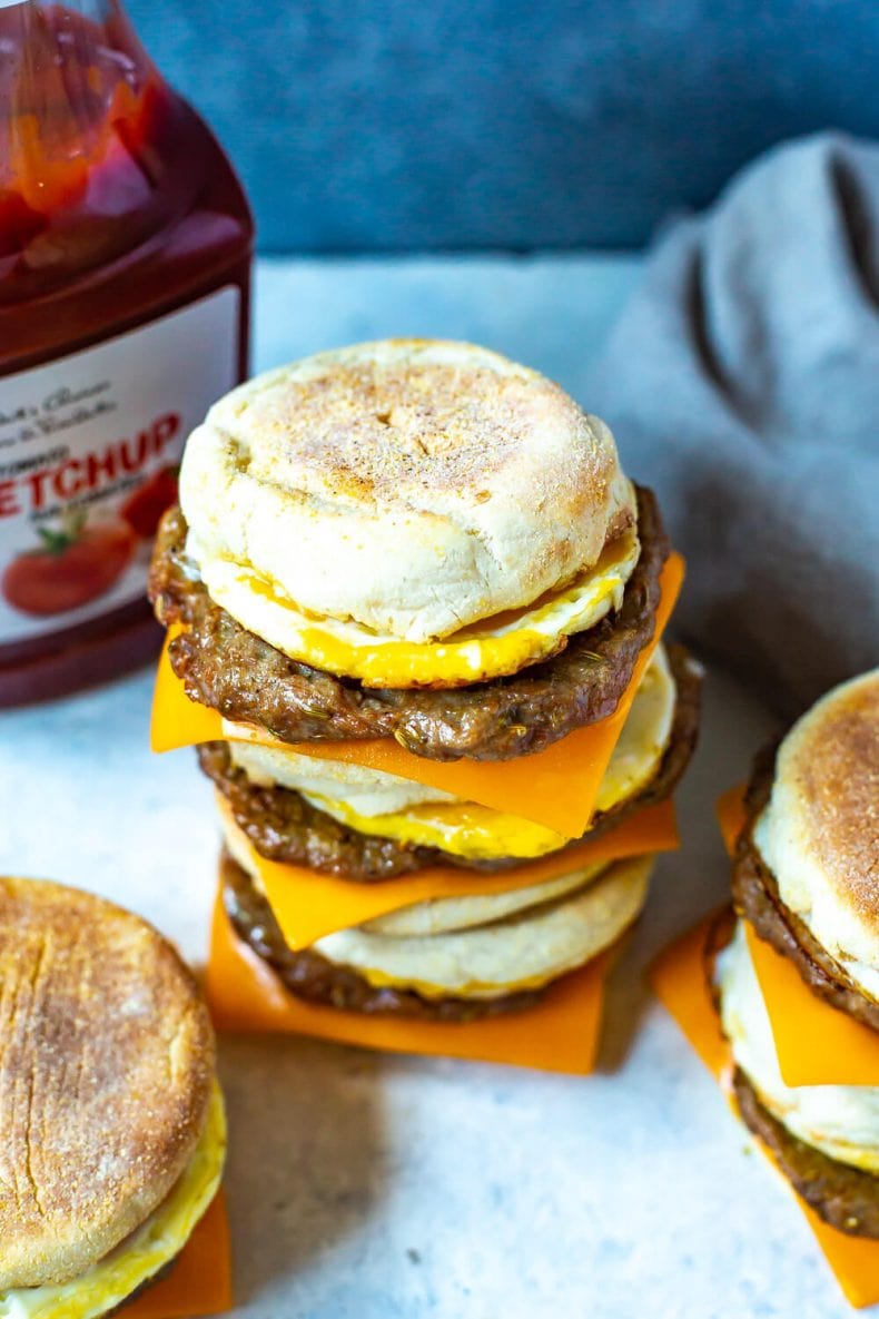 English muffin breakfast sandwiches with homemade sausage, egg, and cheese