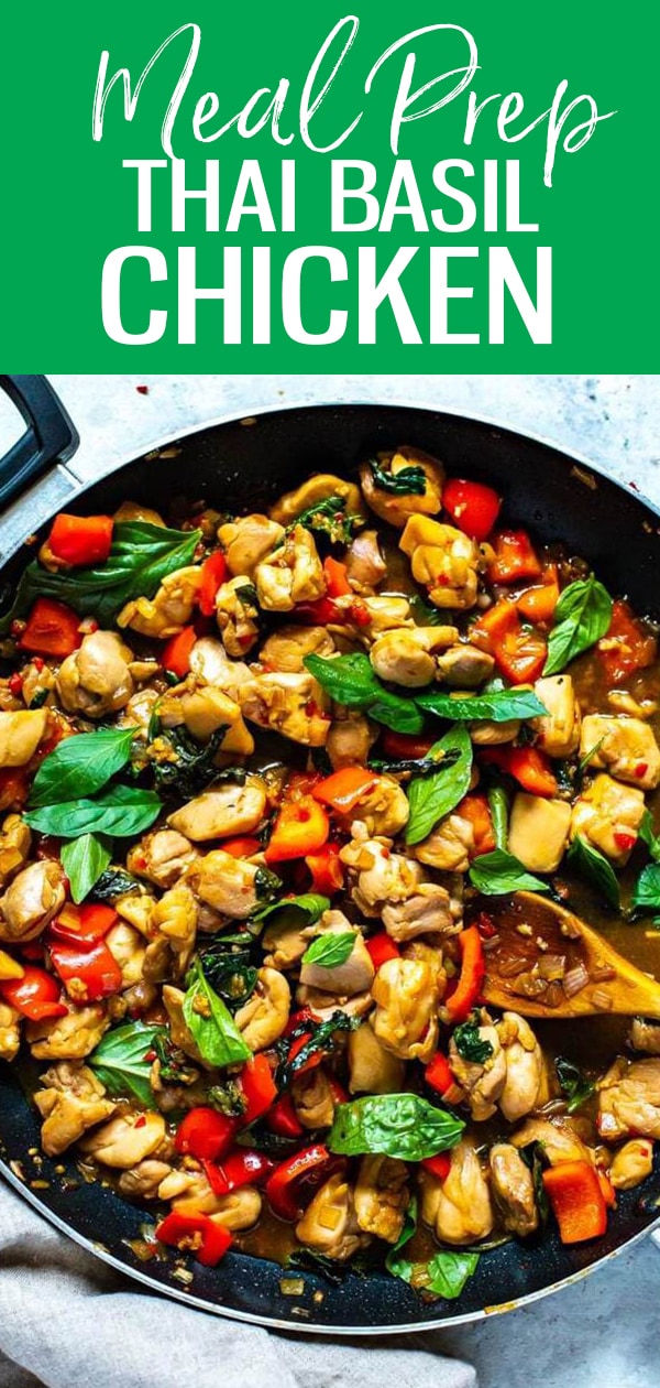 This Meal Prep Thai Basil Chicken is a healthy stir fry idea that doubles as an easy 30-minute dinner or make-ahead lunch! #thaibasilchicken #mealprep