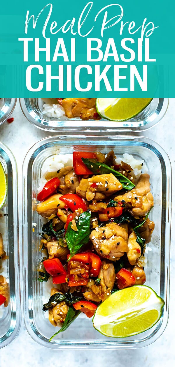 This Meal Prep Thai Basil Chicken is a healthy stir fry idea that doubles as an easy 30-minute dinner or the perfect make-ahead lunch - it's slightly spicy and packed with fresh herbs! #thaibasilchicken #mealprep
