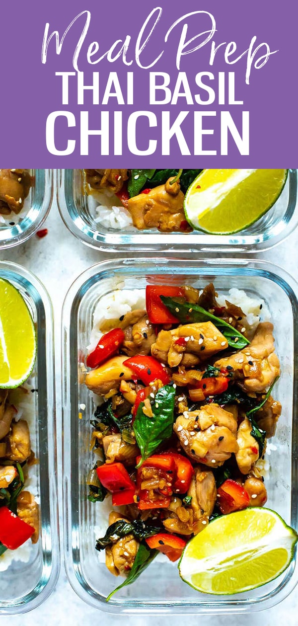 This Meal Prep Thai Basil Chicken is a healthy stir fry idea that doubles as an easy 30-minute dinner or make-ahead lunch! #thaibasilchicken #mealprep