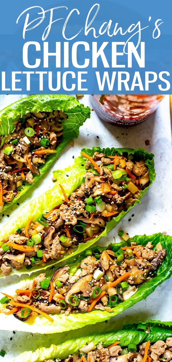 These PF Chang's Chicken Lettuce Wraps are a super easy copycat of the restaurant version - and they are also a healthy, low carb dinner idea made with ground chicken, mushrooms and water chestnuts! #PFChangs #LettuceWraps #lowcarb