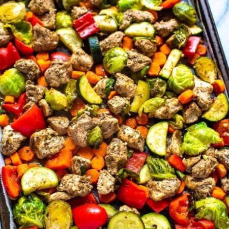 a sheet pan of balsamic chicken and veggies
