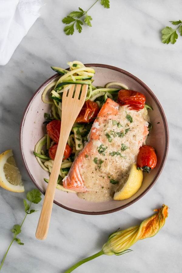 Tahini salmon zucchini noodle bowl