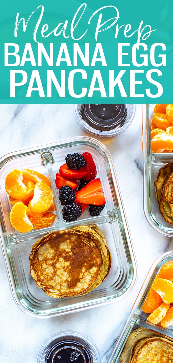 These Meal Prep Banana Egg Pancakes are a delicious grab & go breakfast idea made with just two ingredients: eggs and bananas! #mealprep #breakfast #bananaeggpancakes #lowcarb