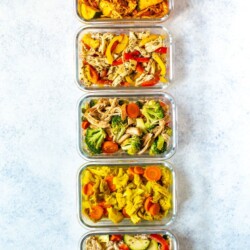 Crockpot Chicken Recipes 5 Ways; full cooked meals lined up in a row in meal prep containers
