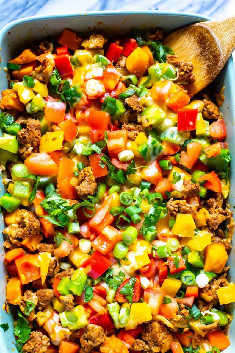 Meal Prep Skinny Taco Bake in a casserole pan