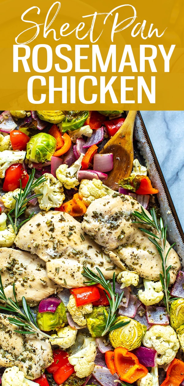 This Sheet Pan Rosemary Chicken is a healthy, low-carb chicken meal prep idea that is perfect as a 30-minute dinner or to pack up as weekly lunch bowls! #rosemarychicken #sheetpanmeal