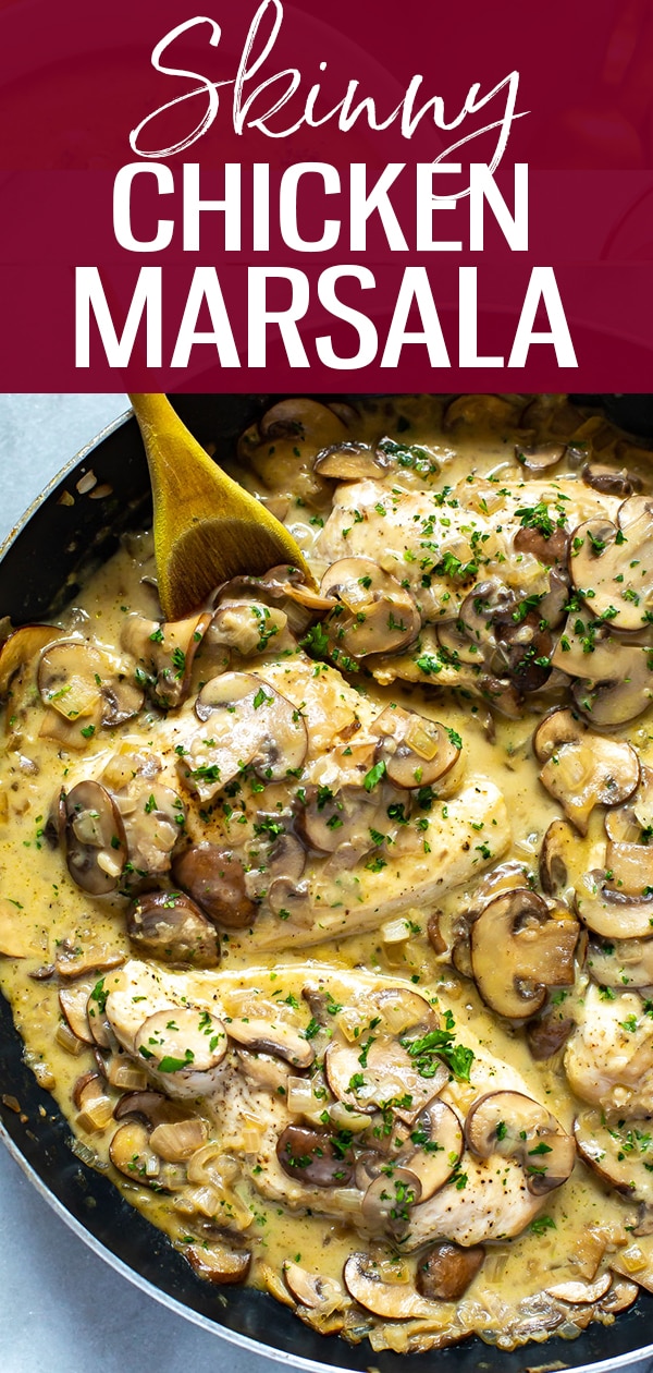 This Skinny, Easy Chicken Marsala Skillet is a delicious, creamy mushroom chicken recipe, made healthier with less cream and Marsala wine. It's a one-pan dinner that's freezer-friendly! #chickenmarsala #skilletdinner