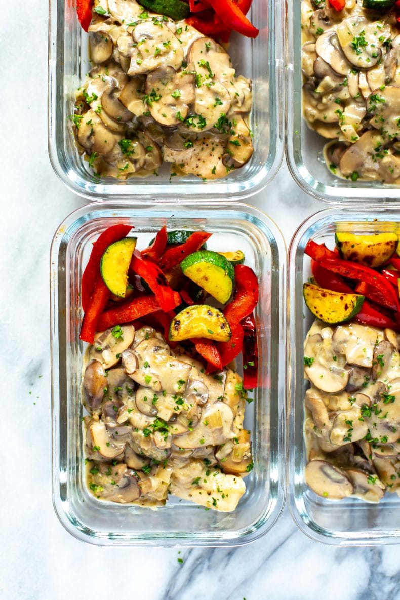 chicken Marsala in glass meal prep containers 