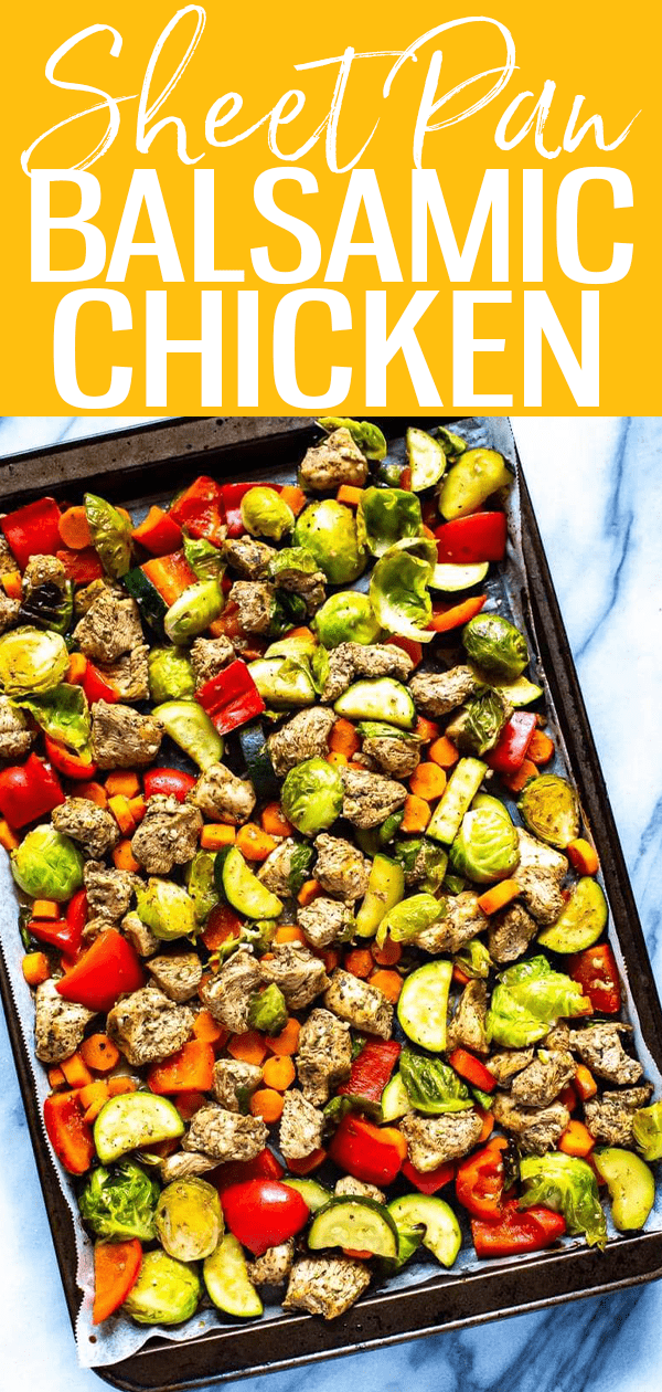 This Sheet Pan Balsamic Chicken is a healthy, low carb dinner idea - it comes together on one pan, ready to eat in 30 minutes and is great for meal prep! #balsamicchicken #sheetpan