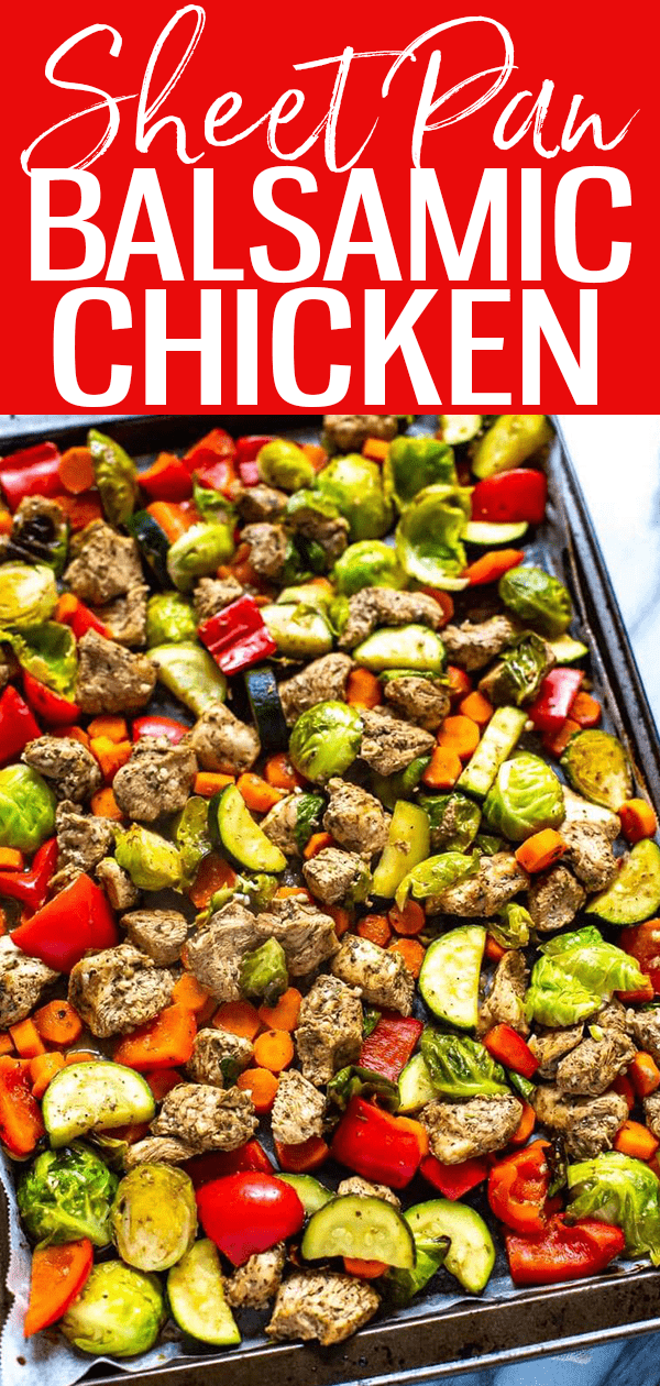 This Sheet Pan Balsamic Chicken is a healthy, low carb dinner idea - it comes together on one pan, ready to eat in 30 minutes and is great for meal prep! #balsamicchicken #sheetpan