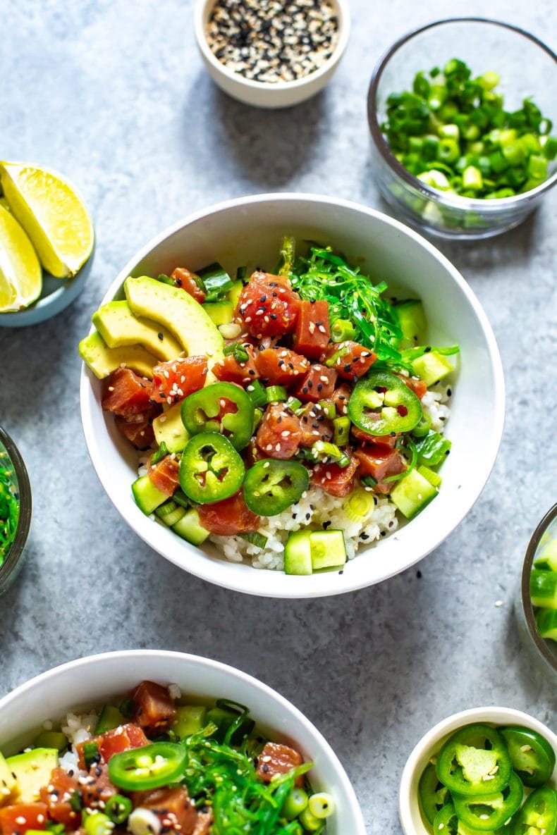 Ahi Tuna Poke in a white bowl