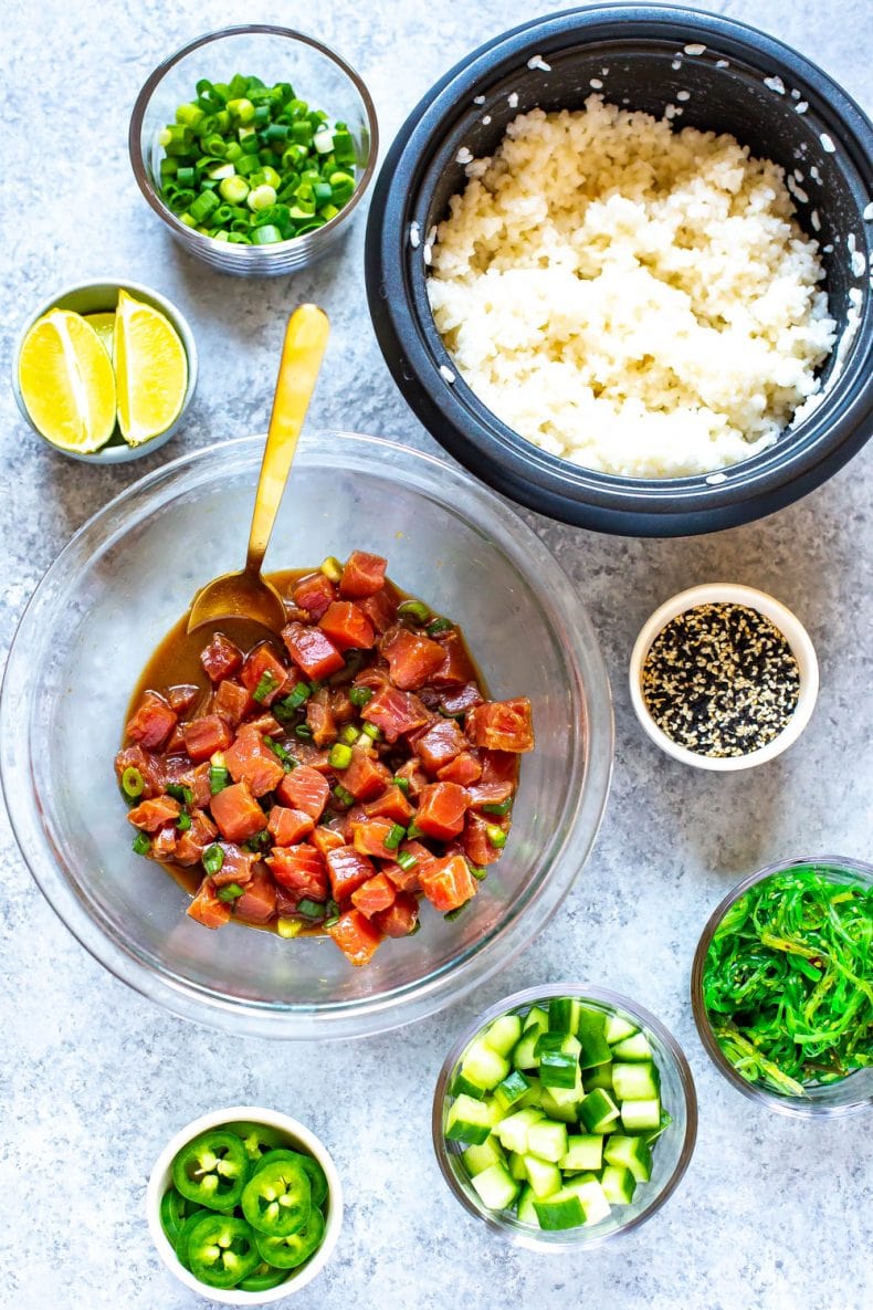 ingredients to make an Ahi Tuna Poke Bowl recipe