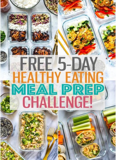 A photo collage of different healthy recipes in meal prep containers with the text "Free 5-Day Healthy Eating Meal Prep Challenge!" layered over top.