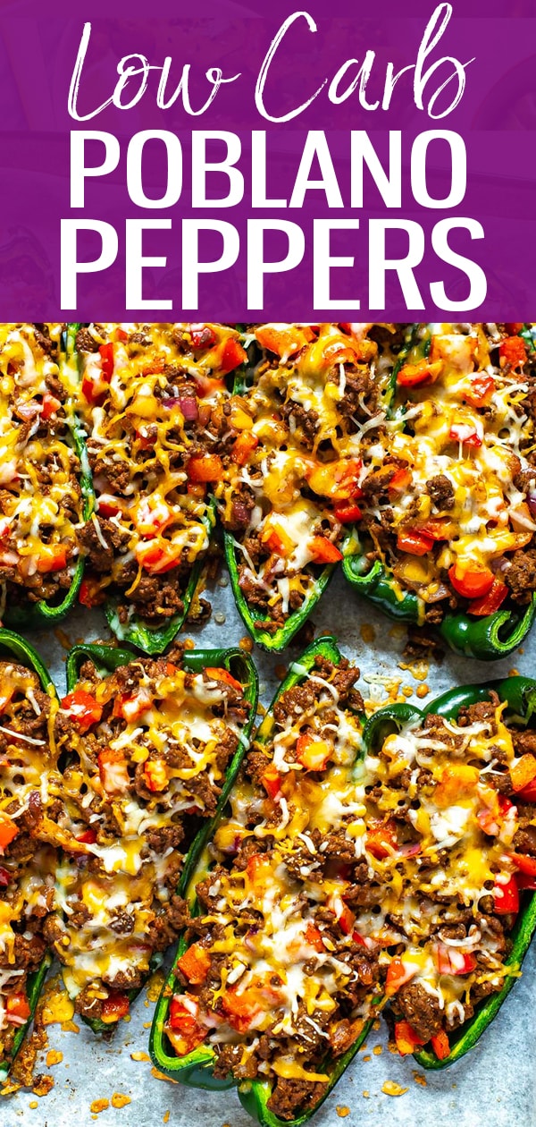 These Low Carb Stuffed Poblano Peppers are a healthy Mexican dinner idea stuffed with ground beef, red peppers, onions, and a topping of cheddar cheese and cilantro! #stuffedpoblanopeppers #mexicanrecipe #lowcarb
