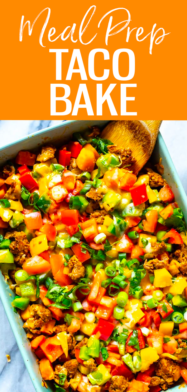 This Meal Prep Skinny Taco Bake is a delicious, healthier take on a taco dinner. A taco casserole filled with ground turkey, sweet potatoes and bell peppers. A nutritious lunch or dinner idea! #mealprep #tacobake