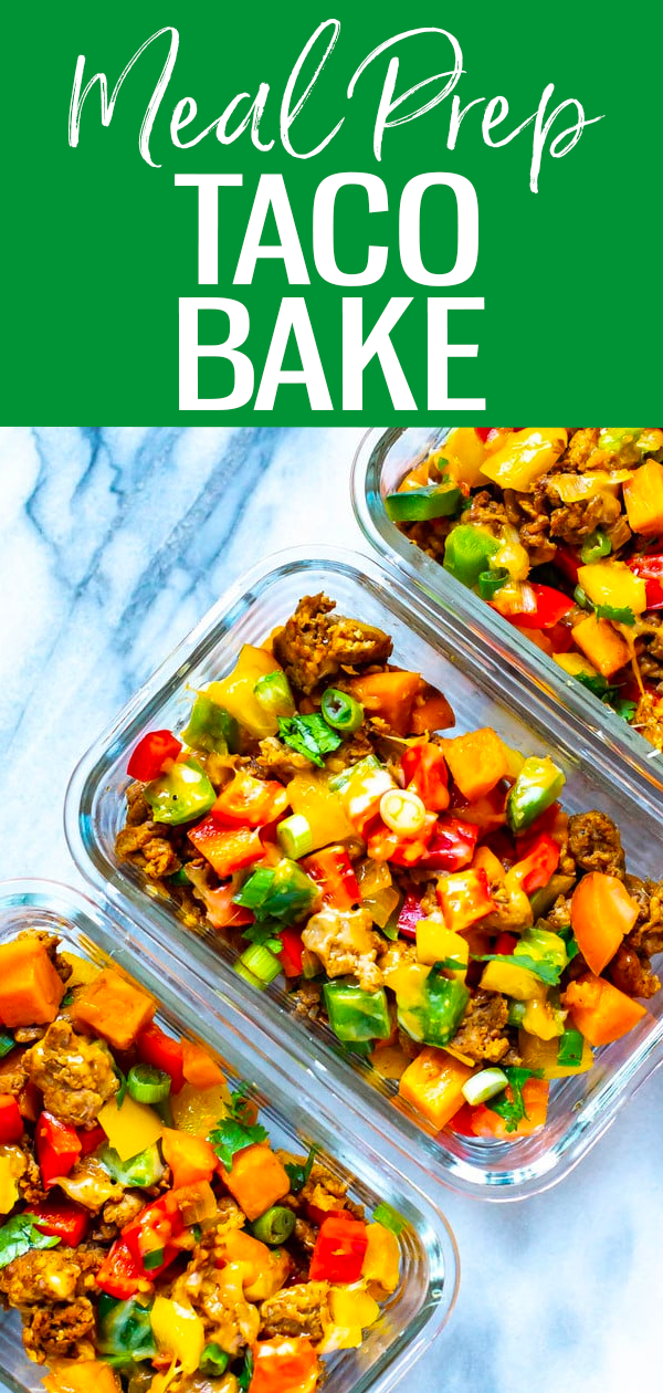 This Meal Prep Skinny Taco Bake is a delicious, healthier take on a taco dinner. A taco casserole filled with ground turkey, sweet potatoes and bell peppers. A nutritious lunch or dinner idea! #mealprep #tacobake