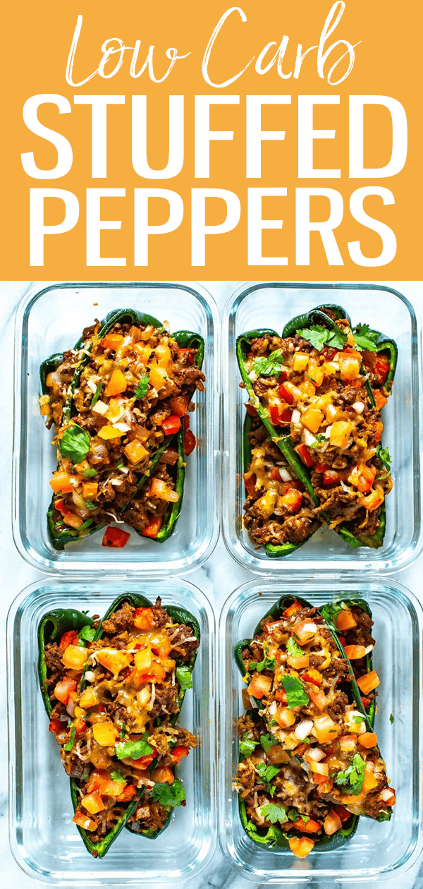 These Low Carb Stuffed Poblano Peppers are a healthy Mexican dinner idea stuffed with ground beef, veggies and cheese! #lowcarb #stuffedpeppers #poblanopeppers