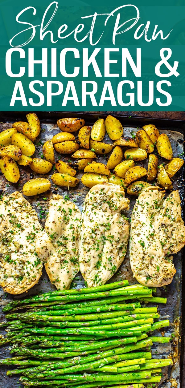 This Sheet Pan Chicken and Asparagus with lemony potatoes is an easy, delicious Whole 30 approved meal prep recipe that comes together on one pan. #sheetpanrecipe #chickenandasparagus