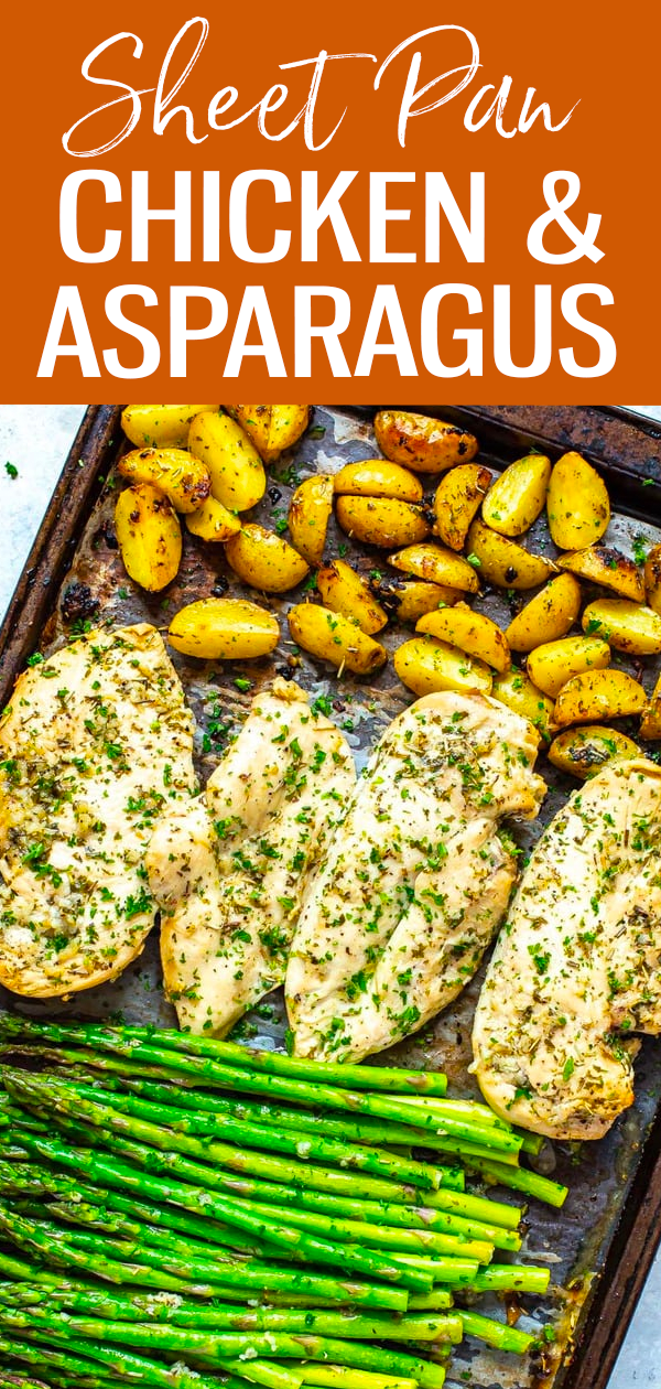 This Sheet Pan Chicken and Asparagus with lemony potatoes is one of our favourite simple chicken recipes. This healthy, Whole30 approved meal prep recipe comes together in less than 30 minutes! #sheetpan #mealprep #chickenasparagus