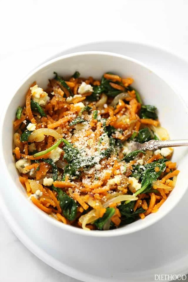 sweet potato noodles with spinach and Parmesan cheese