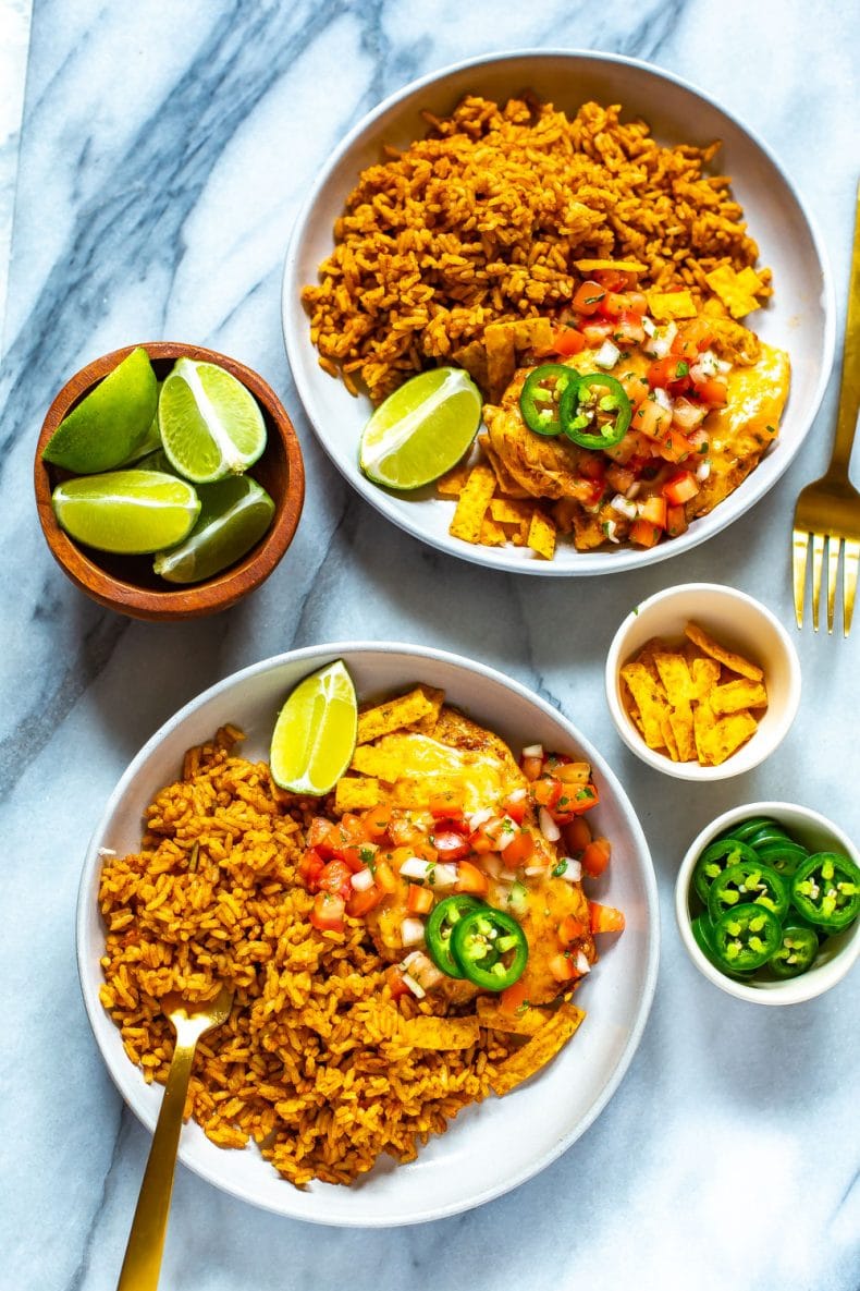 Tequila Lime Chicken on a plate with Tex-Mex rice