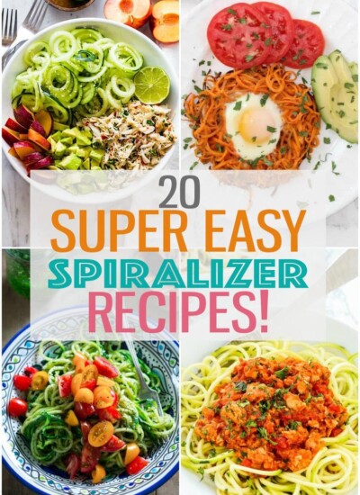 A collage of four different meals with the text "20 Super Easy Spiralizer Recipes!" layered over top.