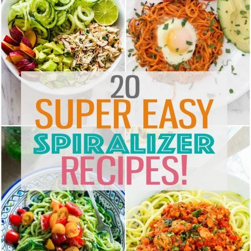 A collage of four different meals with the text "20 Super Easy Spiralizer Recipes!" layered over top.