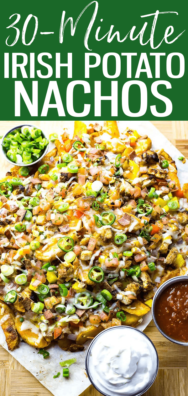 These 30-Minute Irish Nachos are such a fun way to celebrate St. Patrick's Day, and they're made super easy thanks to frozen potato wedges!  #irishpotato #nachos