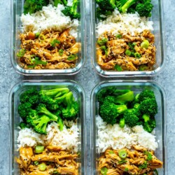 Four meal prep containers, each filled with white rice, chicken teriyaki and steamed broccoli.