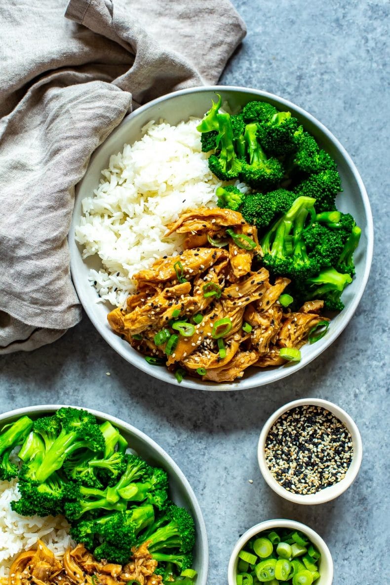 5-Ingredient Chicken Teriyaki on round plate with white rice and broccoli