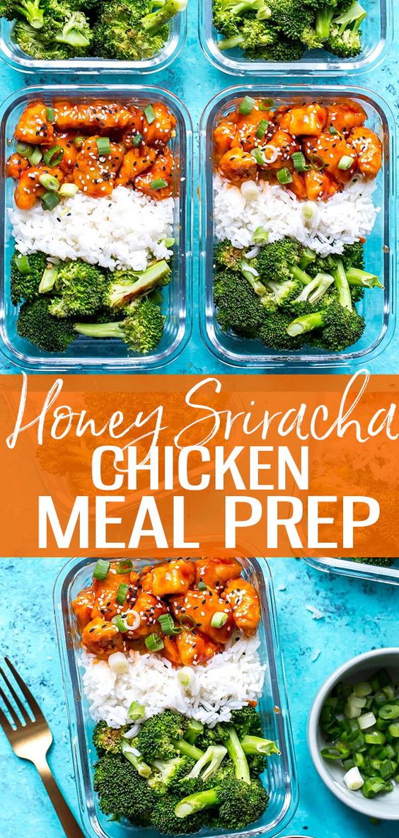 These Honey Sriracha Chicken Meal Prep Bowls with broccoli and jasmine rice are a delicious lunch idea that can be prepped ahead on one pan - and the sauce comes together so easily with only 3 ingredients! #srirachachicken #mealprep 