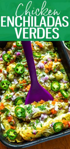 This Chicken Enchiladas Verdes recipe is made with tomatillo-based salsa verde and comes together as an easy dinner casserole - it also works great as flavourful meal prep lunches! #greenenchiladas #enchiladasverdes #chicken