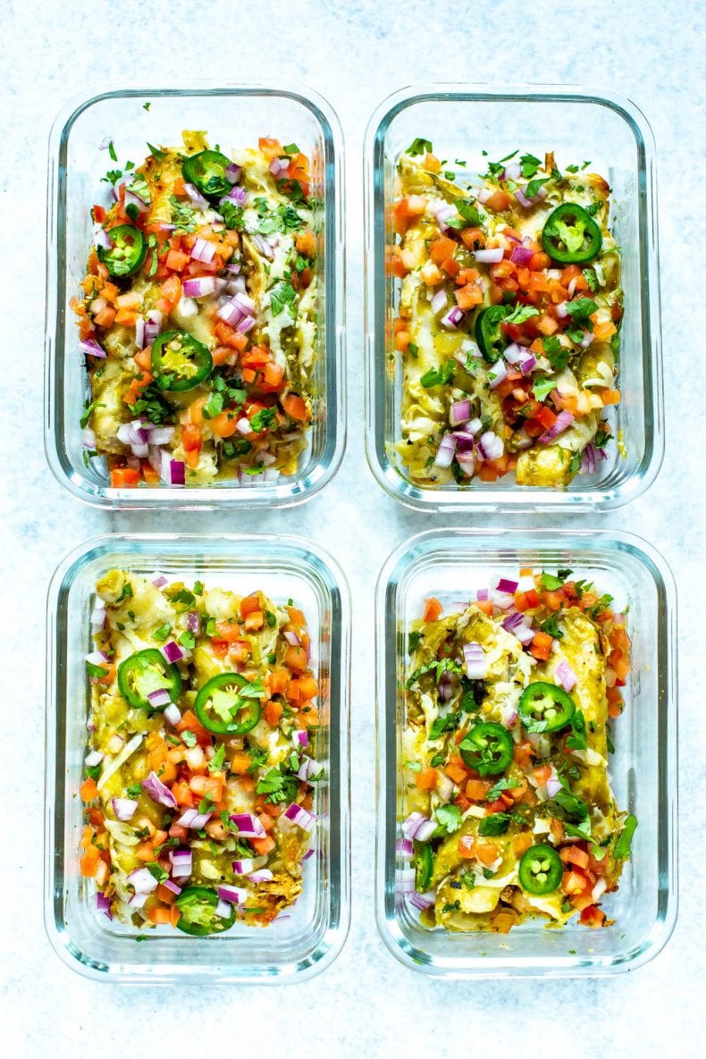 Green Chicken Enchiladas in four meal prep containers